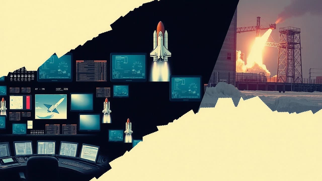 Generated collage test with launch imagery, control-room fragments, torn-paper fields, and shuttle references.