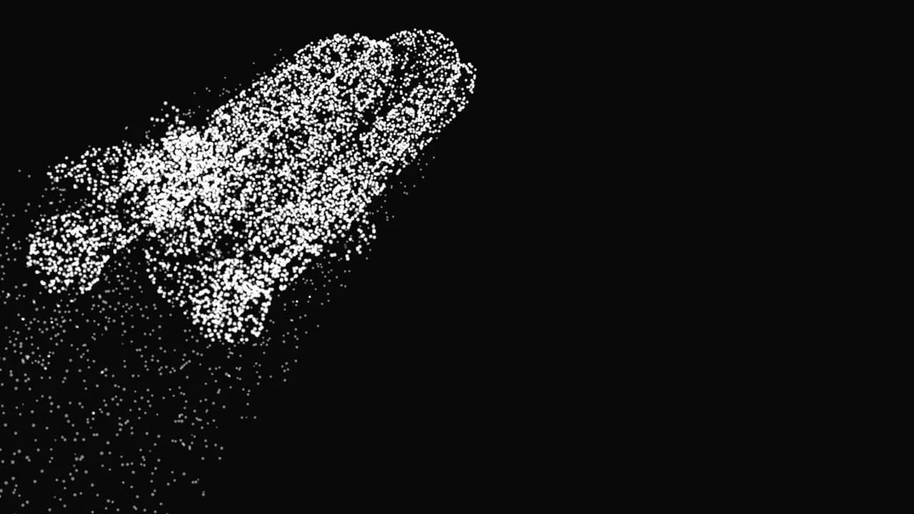 Particle workbench image showing a shuttle-like form dissolving into white points on black.