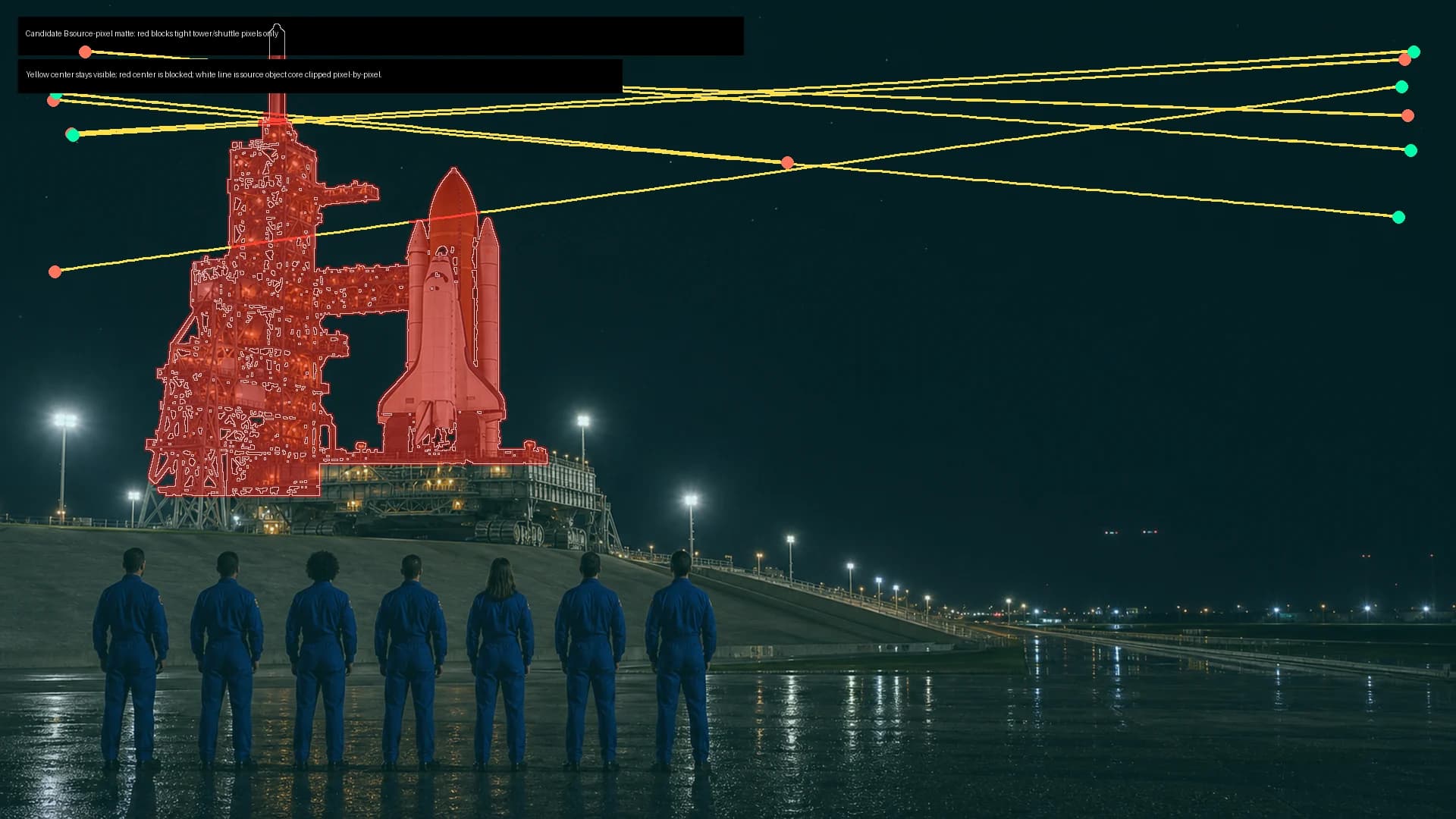 Challenger Living Cover process overlay showing matte regions and aircraft flight-path tests.