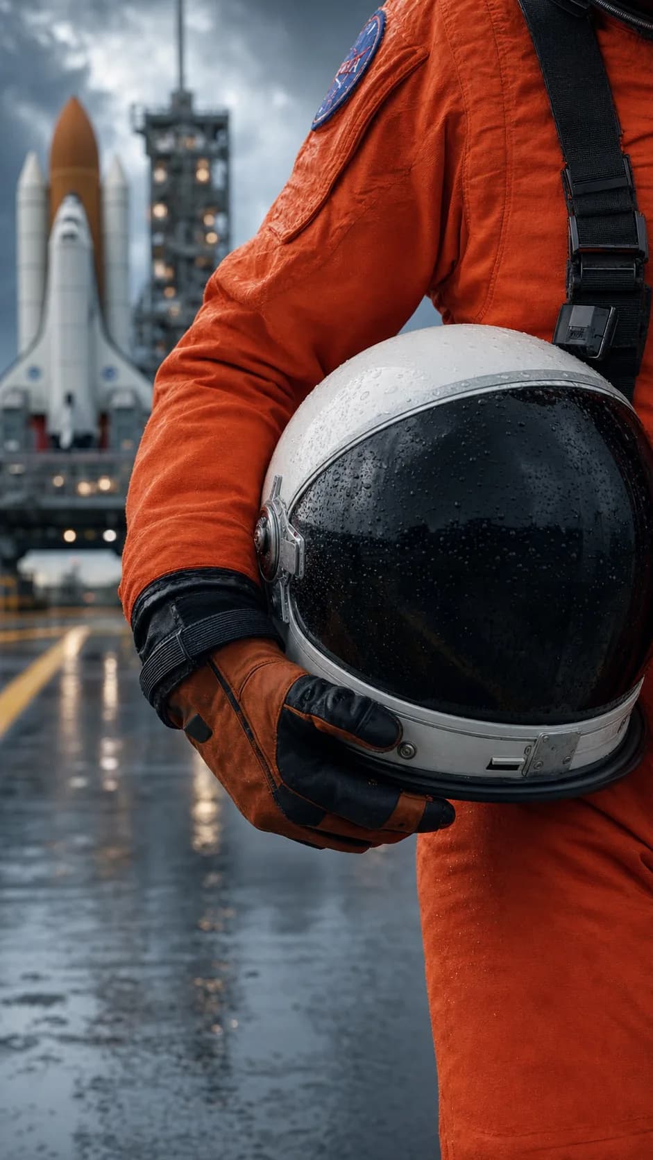 Generated Challenger image-to-video test still showing an astronaut holding a helmet in front of the shuttle launch pad.