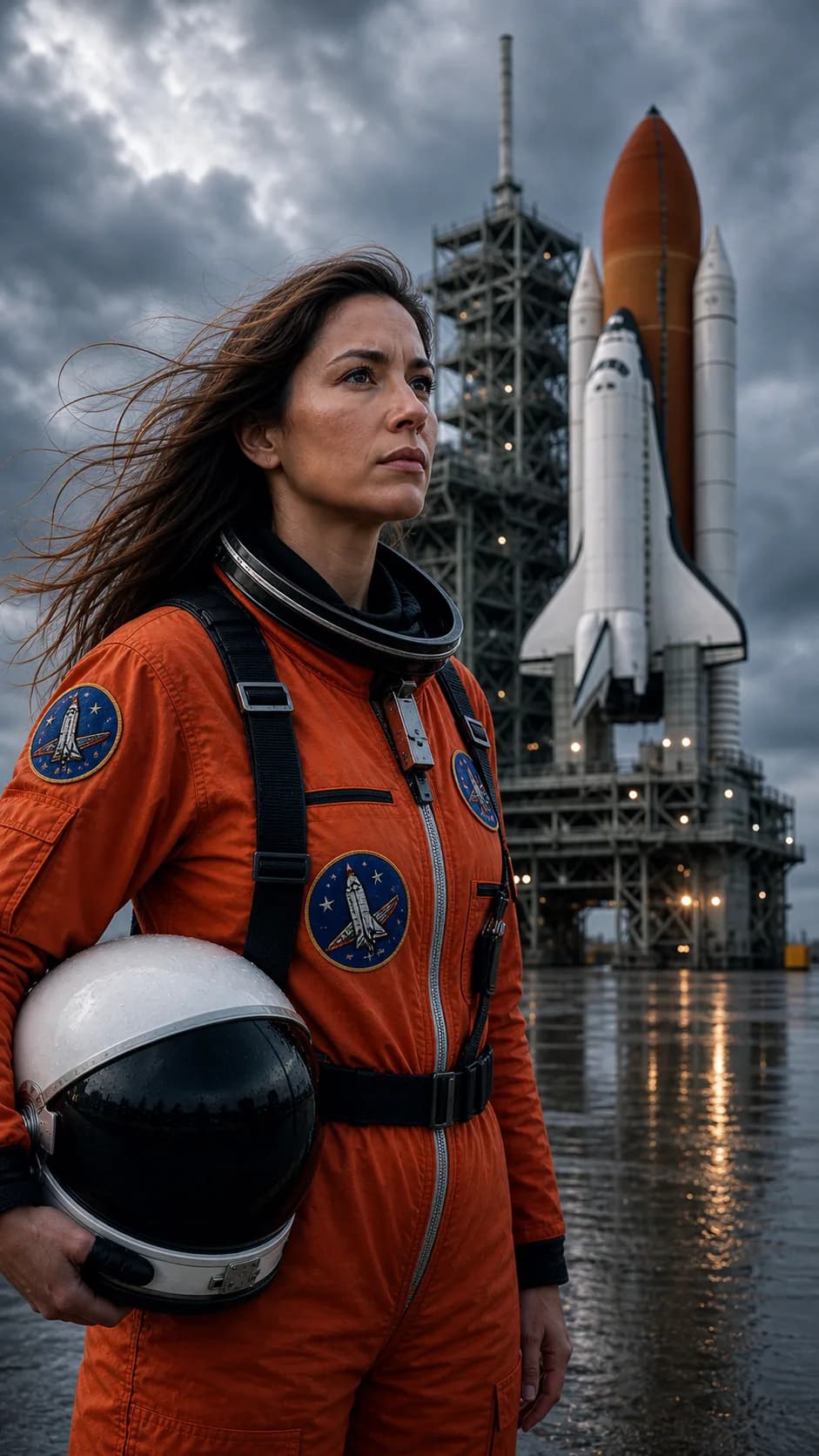 Generated Challenger image-to-video test still showing a chest-up astronaut near the shuttle launch pad.